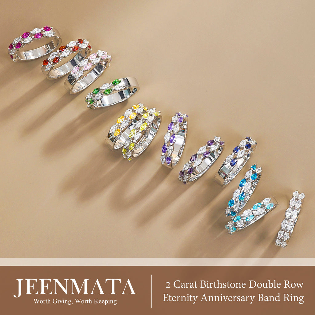 JeenMata 2 Carat Marquise Cut - January Garnet Birthstone Cubic Zirconia Double Row Eternity Anniversary Band Ring in 18K White Gold Plating for Women