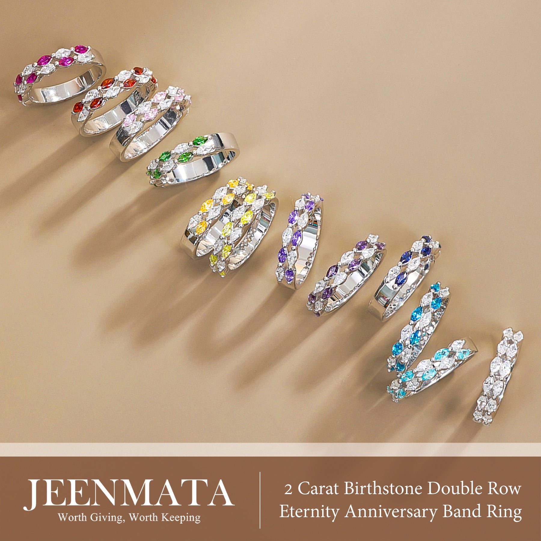 JeenMata 2 Carat Marquise Cut - June Alexandrite Birthstone Cubic Zirconia Double Row Eternity Anniversary Band Ring in 18K White Gold Plating for Women