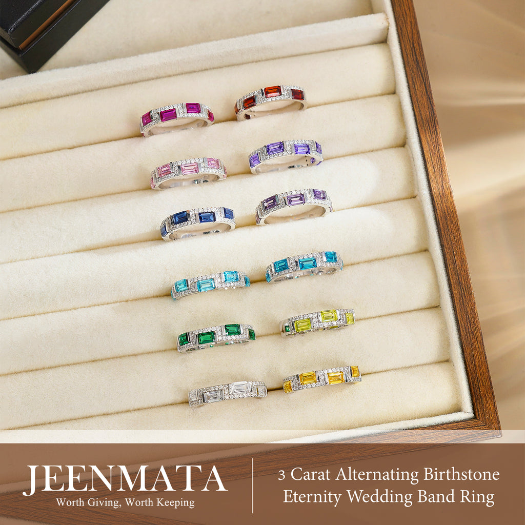 JeenMata 3 Carat Emerald & Round Cut August Peridot Cubic Zirconia - Alternating Birthstone Eternity Wedding Band Ring in 18K White Gold Plating for Women
