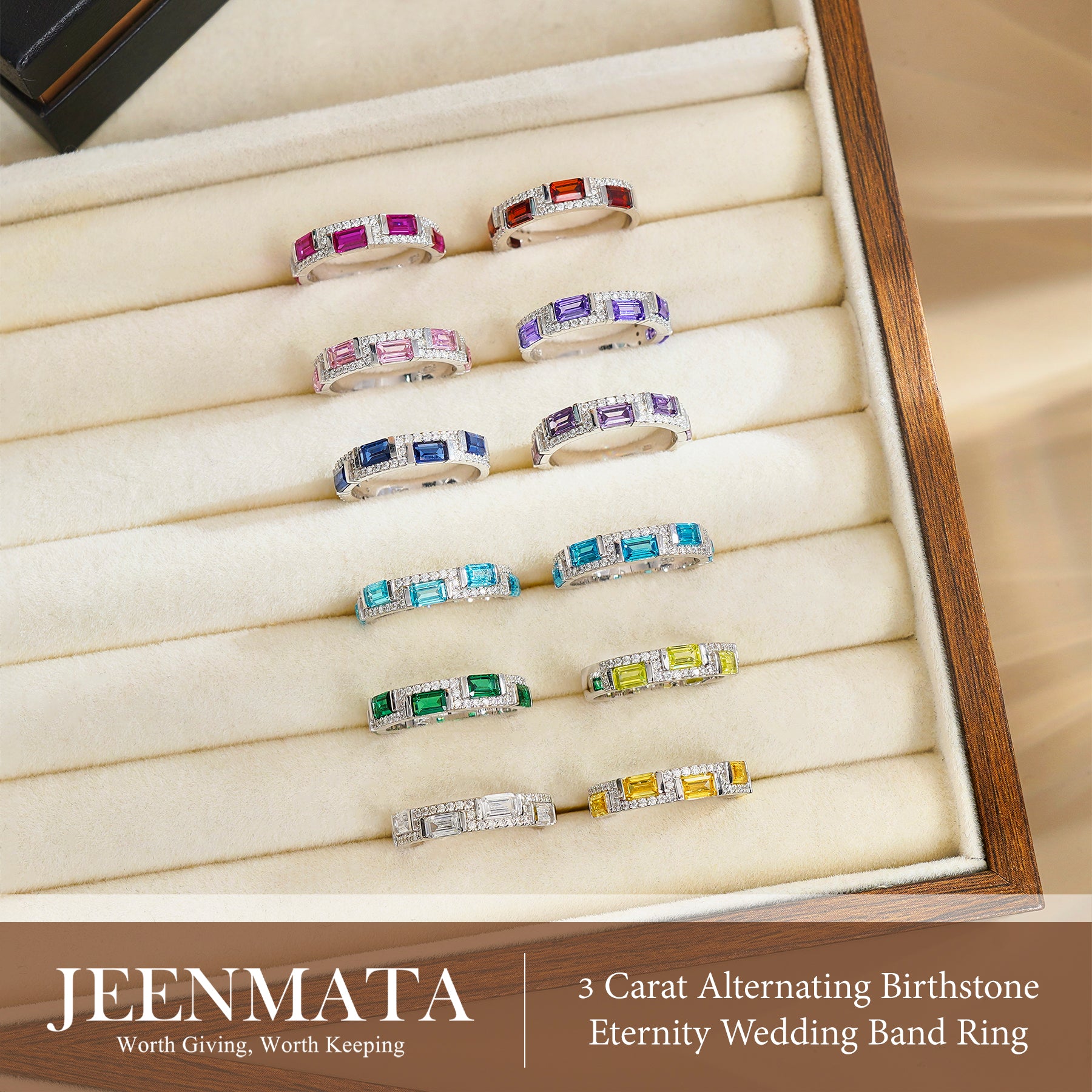 JeenMata 3 Carat Emerald & Round Cut August Peridot Cubic Zirconia - Alternating Birthstone Eternity Wedding Band Ring in 18K White Gold Plating for Women