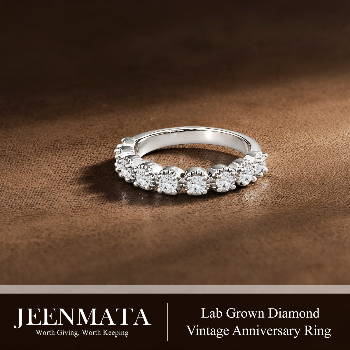 JeenMata Lab Grown Diamond Round Prong Set Vintage Anniversary Ring in 18K White Gold Plated for Women