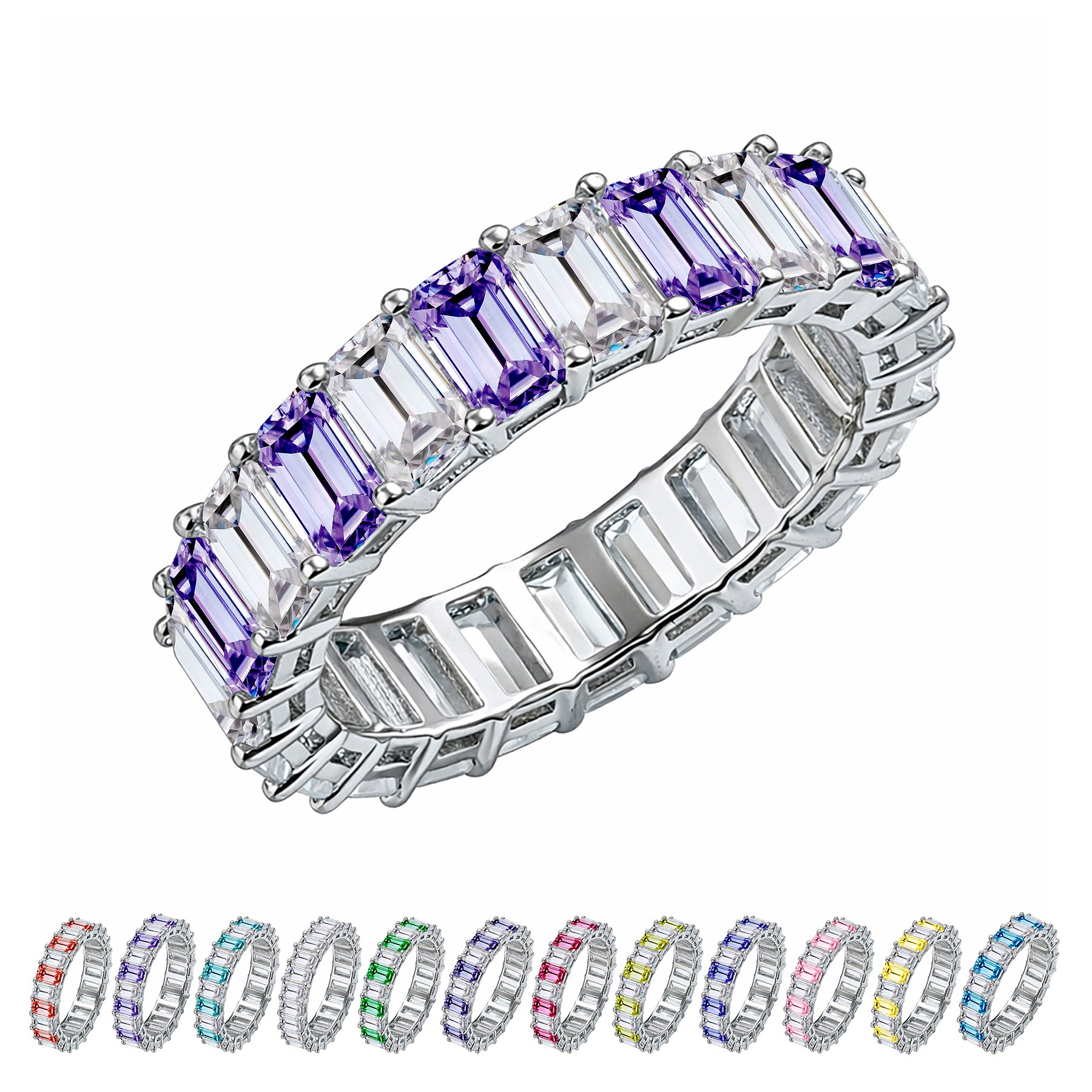 JeenMata 10 Carat Emerald Cut February Birthstone - Multicolor Eternity Wedding Band - Amethyst & Cubic Zirconia Rings in 18K White Gold Plating for Women