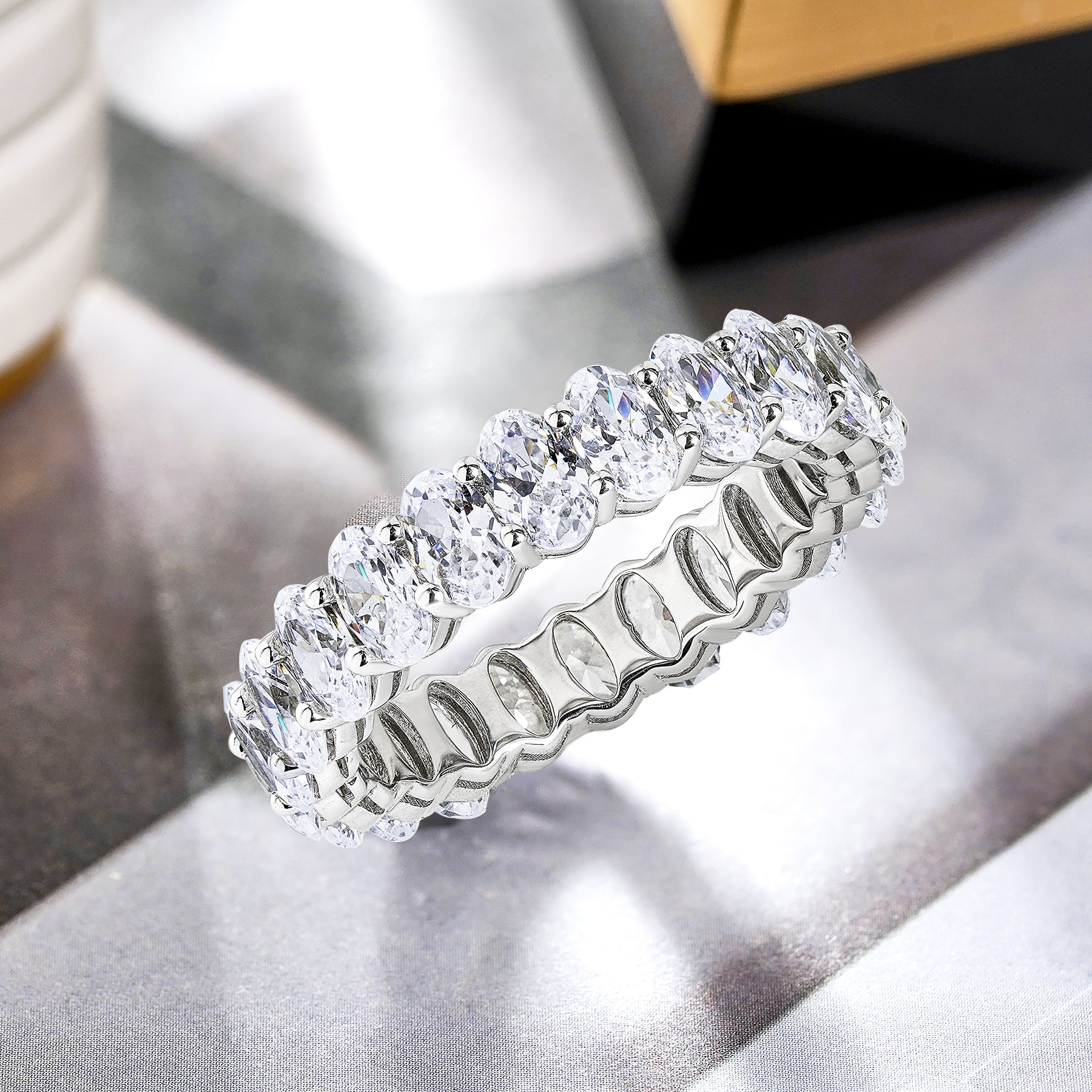 JeenMata 6.75 Carat Oval Cut Moissanite Eternity Wedding Band - Classic Prong Style Wedding Ring in White Gold Plating for Women