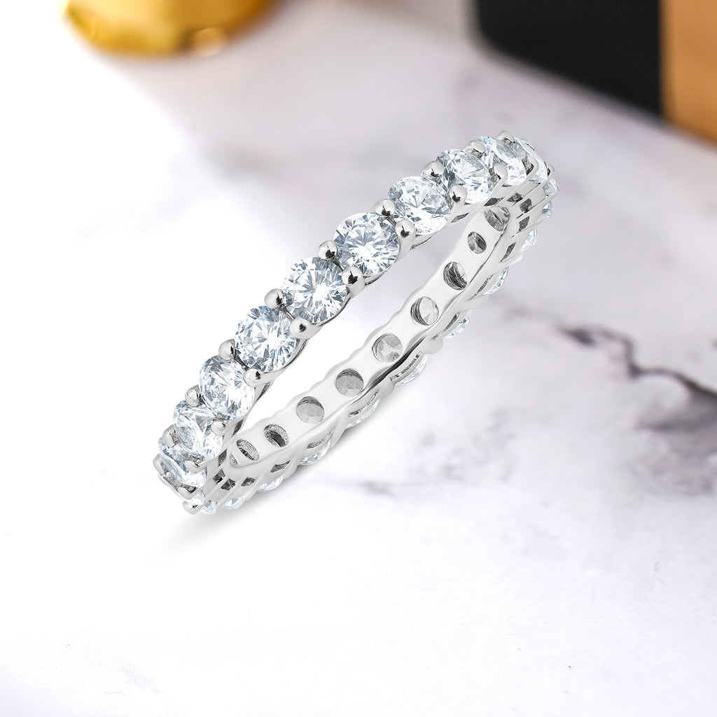 JeenMata 2.25 Carat Round Cut Moissanite Eternity Wedding Band - Classic Prong Style Wedding Ring in White Gold Plating for Women