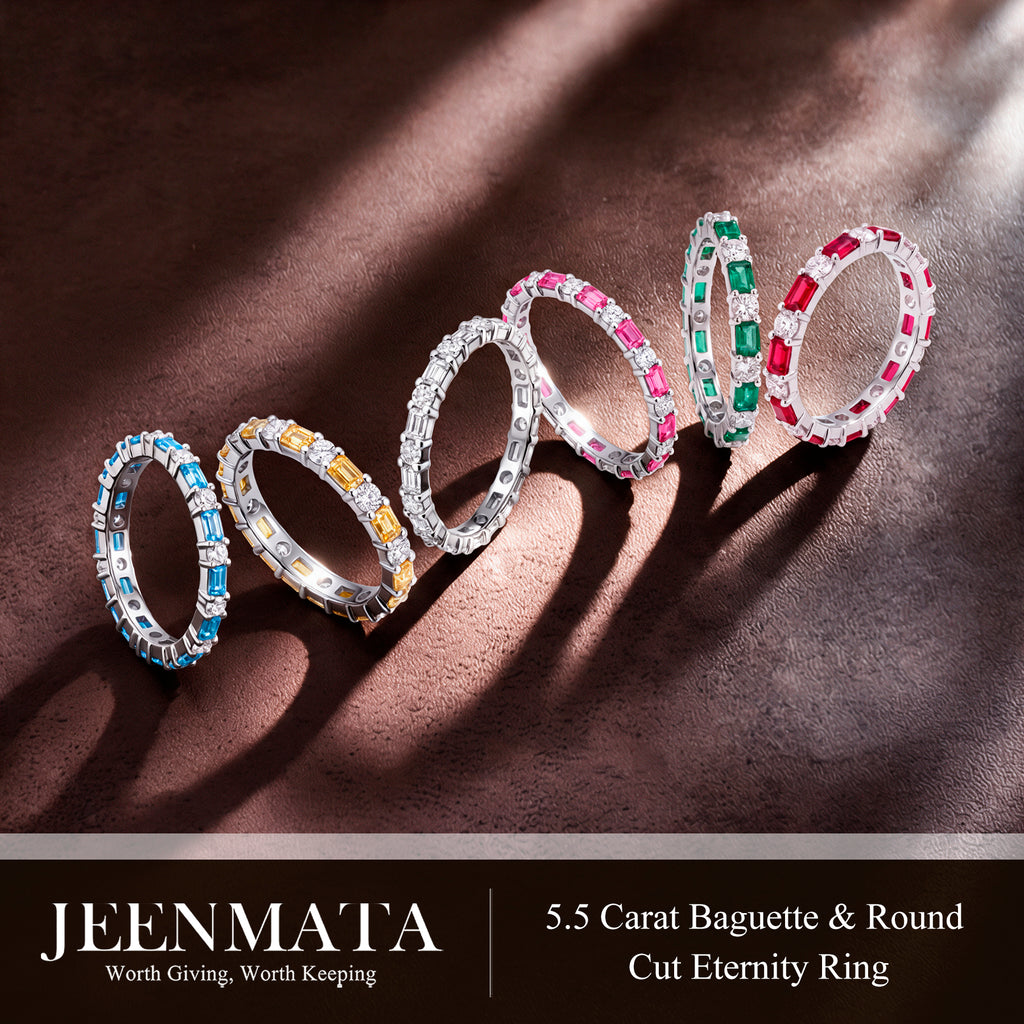 JeenMata Eternity Wedding Band Rings for Women, 5.5 Carat Alternating Baguette & Round Cut CZ, April Birthstone Birth Month Anniversary Ring for Woman, Christmas Gifts for Her