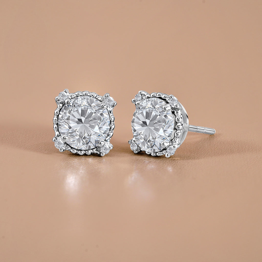 JeenMata 3.5 Carat Round Cut April Birthstone Stud Earrings - Halo Milgrain Earrings in 18K White Gold Plating for Women