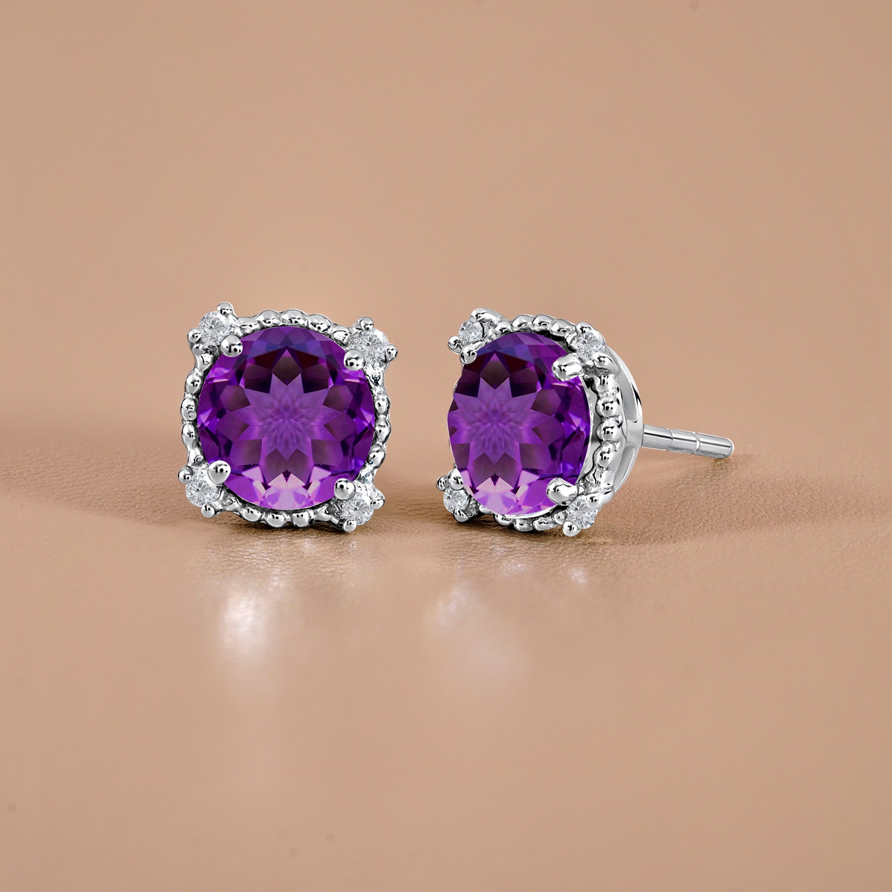 JeenMata 3.5 Carat Round Cut February Birthstone Stud Earrings - Halo Milgrain Earrings in 18K White Gold Plating for Women