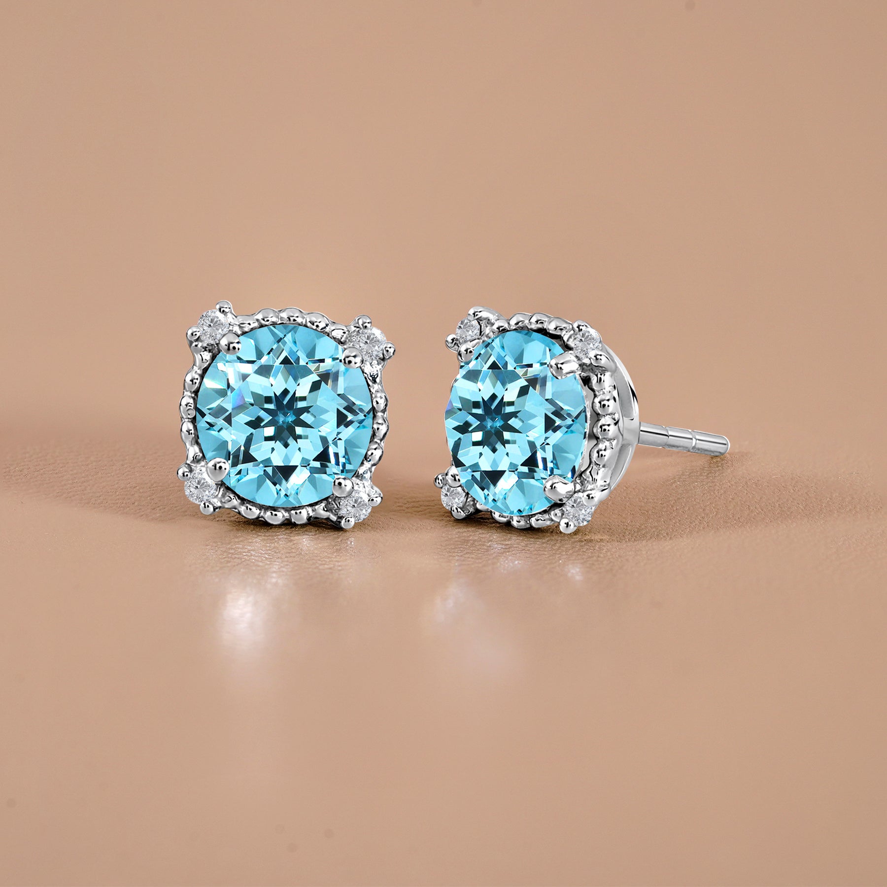 JeenMata 3.5 Carat Round Cut March Birthstone Stud Earrings - Halo Milgrain Earrings in 18K White Gold Plating for Women