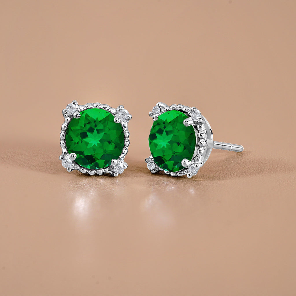 JeenMata 3.5 Carat Round Cut May Birthstone Stud Earrings - Halo Milgrain Earrings in 18K White Gold Plating for Women