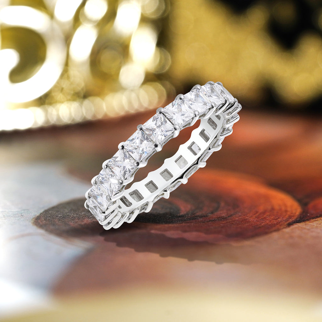 JeenMata 3.5 Carat Princess Cut Moissanite Eternity Wedding Band - Classic Prong Style Wedding Ring in White Gold Plating for Women