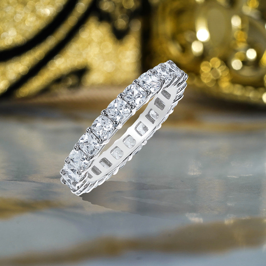 JeenMata 2.75 Carat Cushion Cut Moissanite Eternity Wedding Band - Classic Prong Style Wedding Ring in White Gold Plating for Women