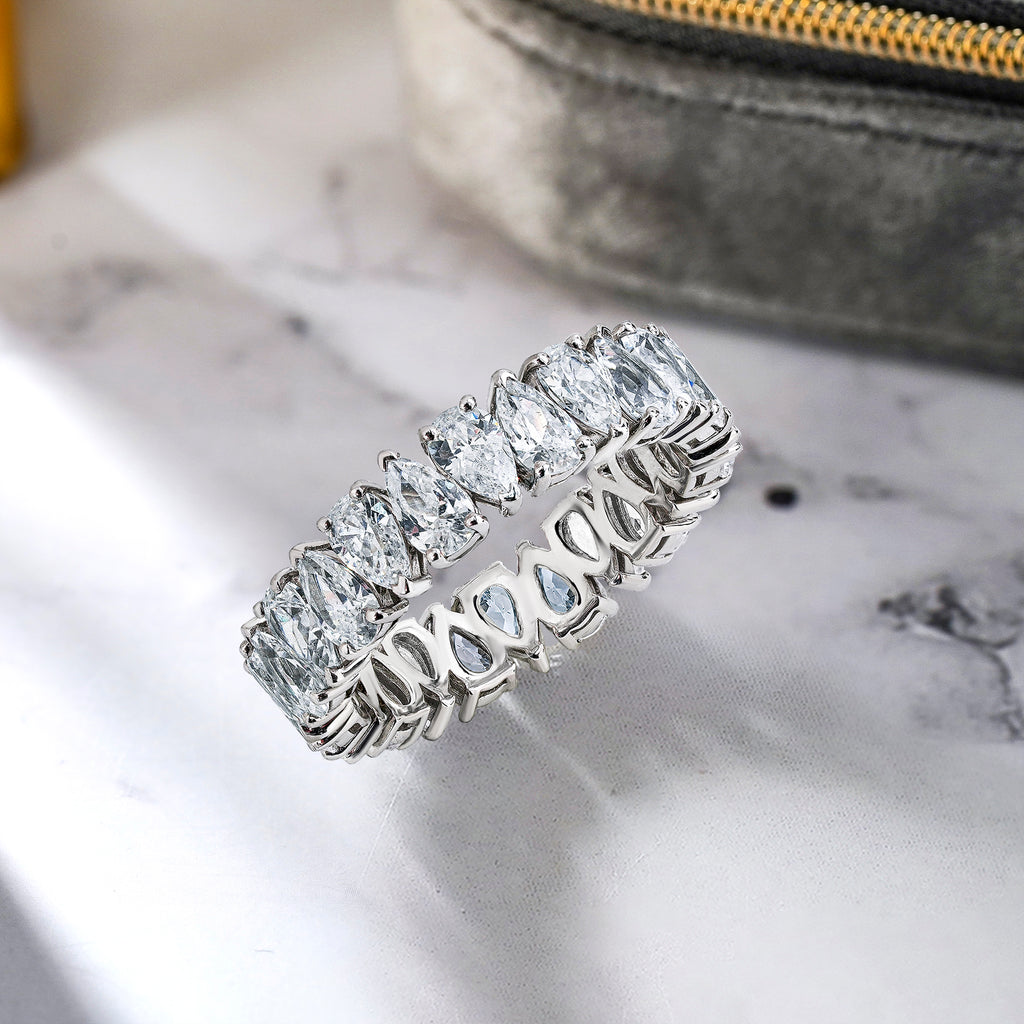JeenMata 7.25 Carat Pear Cut Moissanite Eternity Wedding Band - Classic Prong Style Wedding Ring in White Gold Plating for Women