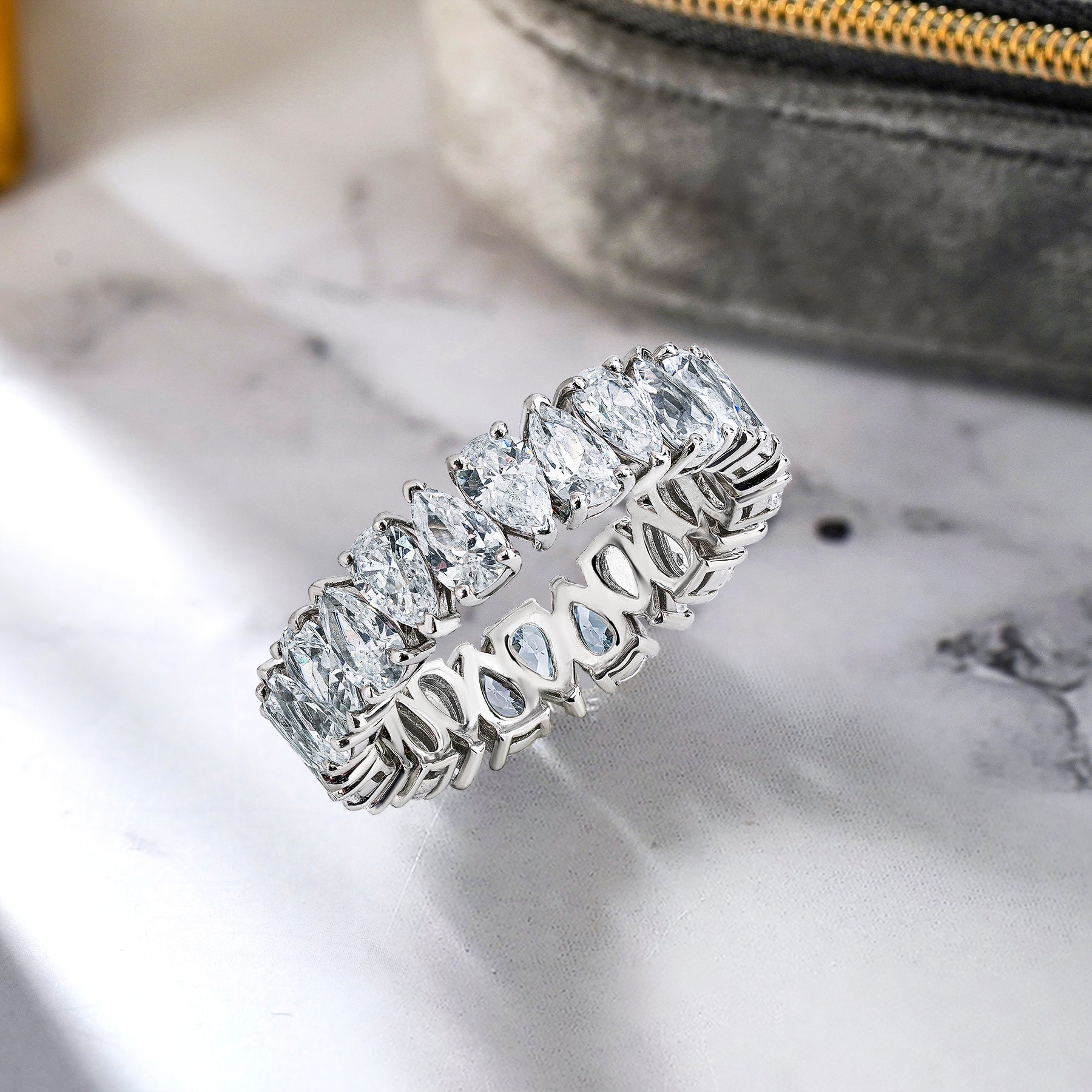 JeenMata 7.25 Carat Pear Cut Moissanite Eternity Wedding Band - Classic Prong Style Wedding Ring in White Gold Plating for Women