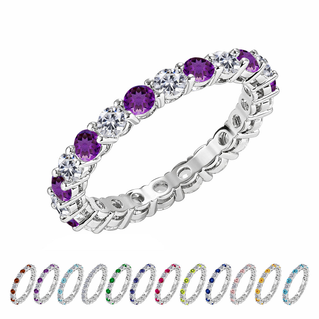 JeenMata 3.5 Carat Round Cut February Birthstone - Multicolor Eternity Wedding Band - Amethyst & Cubic Zirconia Rings in 18K White Gold Plating for Women
