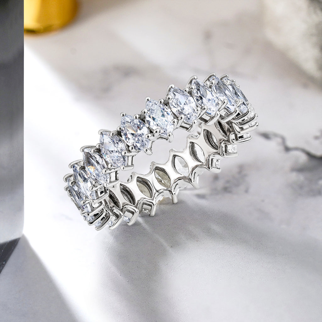 JeenMata 4.75 Carat Marquise Cut Moissanite Eternity Wedding Band - Classic Prong Style Wedding Ring in White Gold Plating for Women