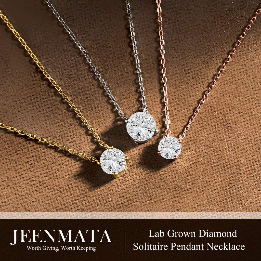 JeenMata Lab Grown Diamond 0.50 Carat Round Cut Classic Solitaire Pendant Necklace - in 18K Yellow Gold Plating for Women