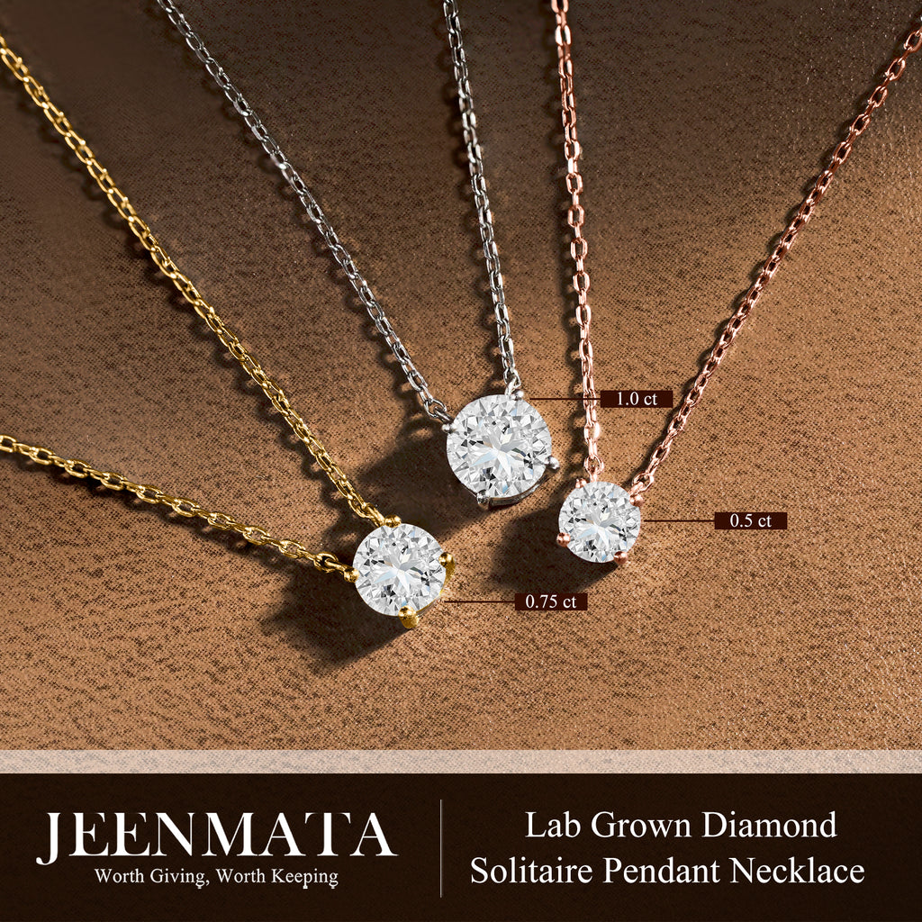JeenMata Lab Grown Diamond 0.50 Carat Round Cut Classic Solitaire Pendant Necklace - in 18K White Gold Plating for Women