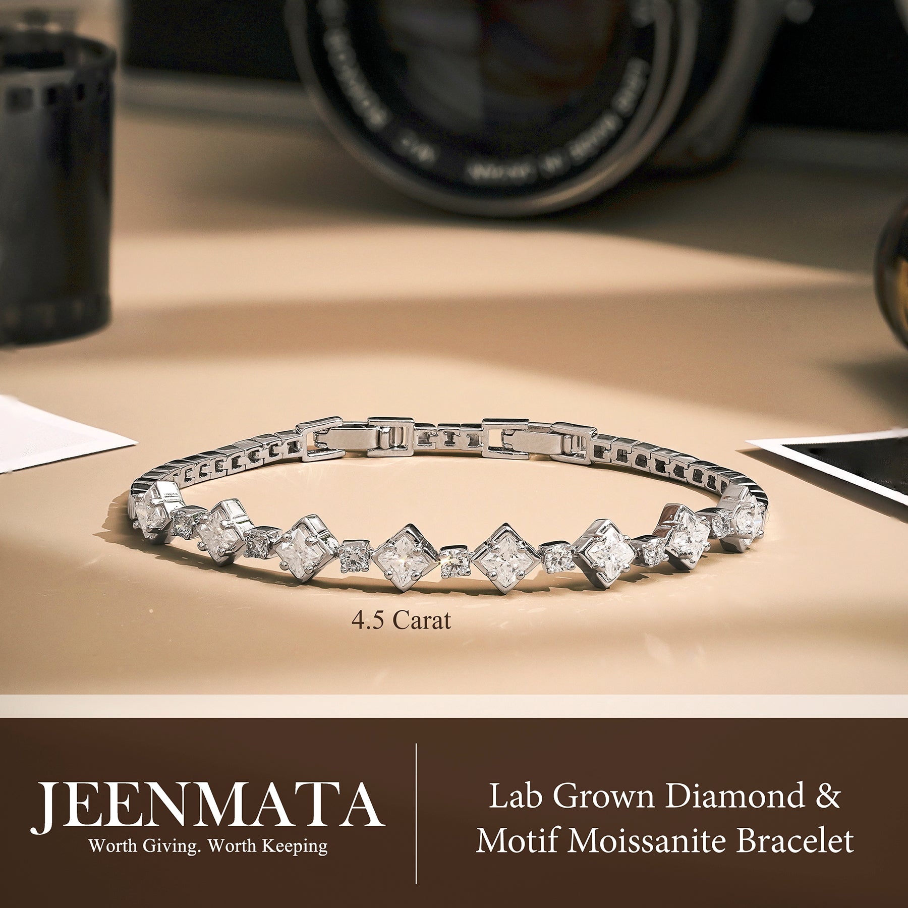 JeenMata 4.5 Carat Round Lab Grown Diamond & Motif Moissanite Bracelet – Elegant Floral Design in 18K White Gold Plating for Women