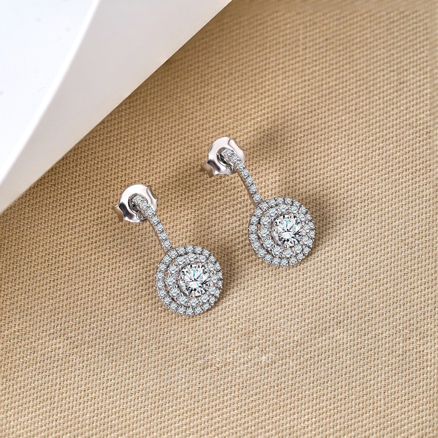 JeenMata 1 Carat Lab Grown Diamond Halo Drop Earrings - Round Cut Vintage Inspired Earrings in White Gold Plating