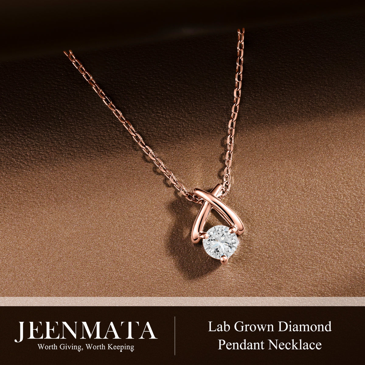 JeenMata X-Shaped Round Cut Lab Grown Diamond Pendant Necklace in 18K Rose Gold Plating for Women