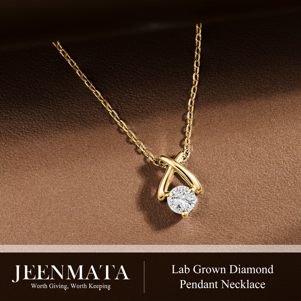 JeenMata X-Shaped Round Cut Lab Grown Diamond Pendant Necklace in 18K Yellow Gold Plating for Women