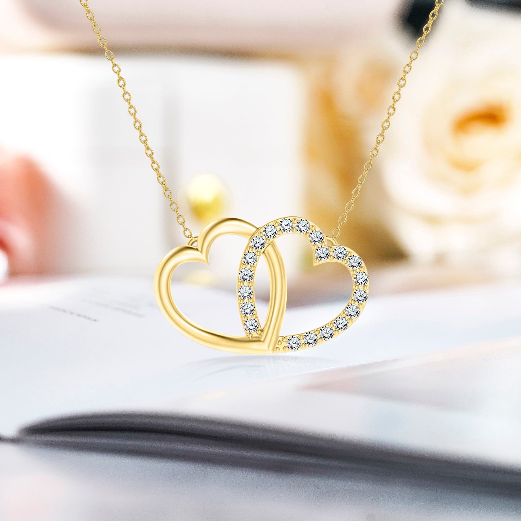 Certified Lab Grown Diamond Interlocking Heart Shape Pendant Necklace in White Gold Plating