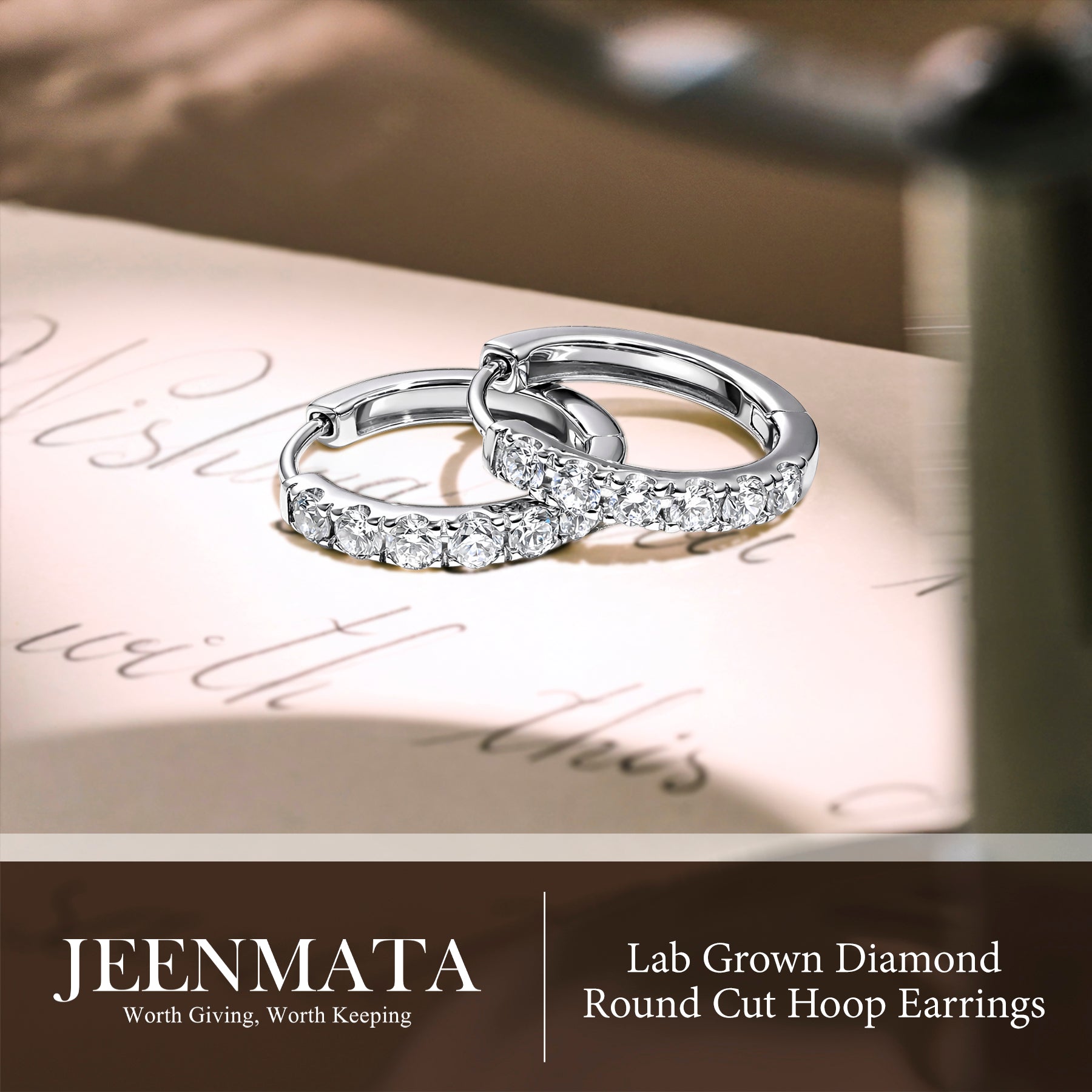 JeenMata Lab Grown Diamond Hoop Earrings - Round Cut Classic Hoop Earrings for Everyday Jewelry - White Gold Plating