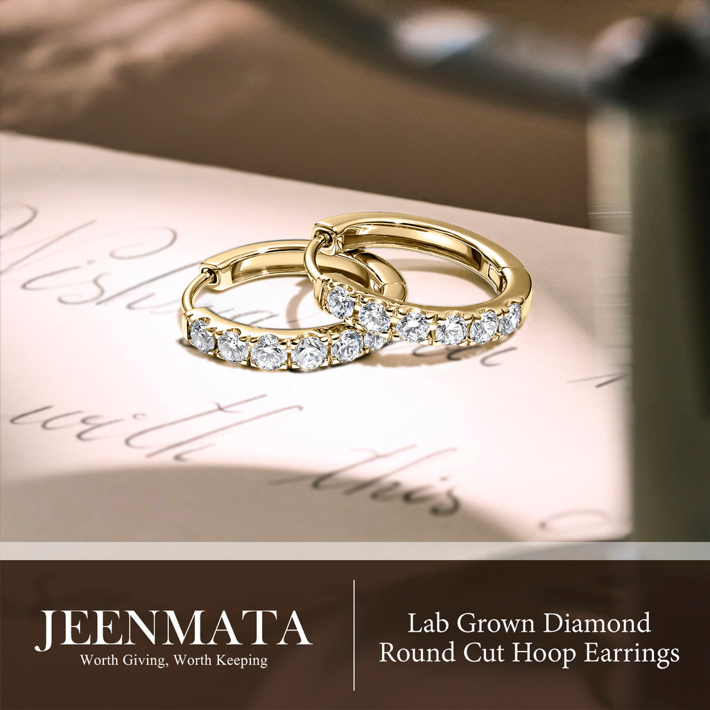 JeenMata Lab Grown Diamond Hoop Earrings - Round Cut Classic Hoop Earrings for Everyday Jewelry - Yellow Gold Plating