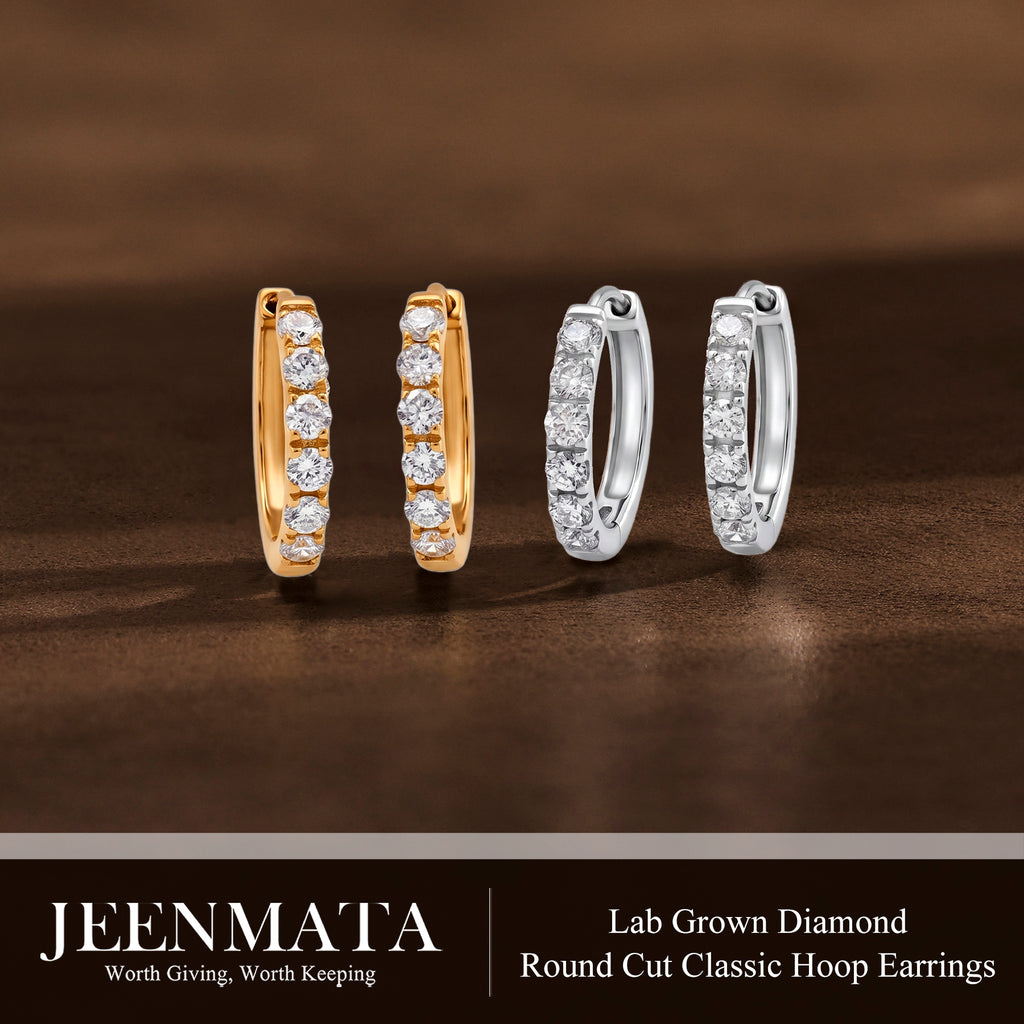 JeenMata Lab Grown Diamond Hoop Earrings - Round Cut Classic Hoop Earrings for Everyday Jewelry - White Gold Plating