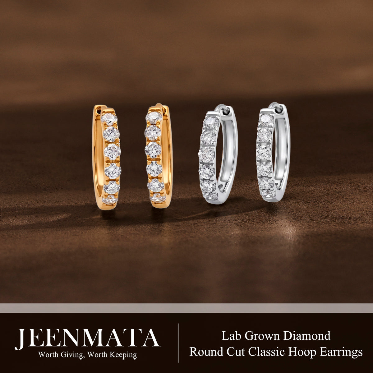 JeenMata Lab Grown Diamond Hoop Earrings - Round Cut Classic Hoop Earrings for Everyday Jewelry - White Gold Plating