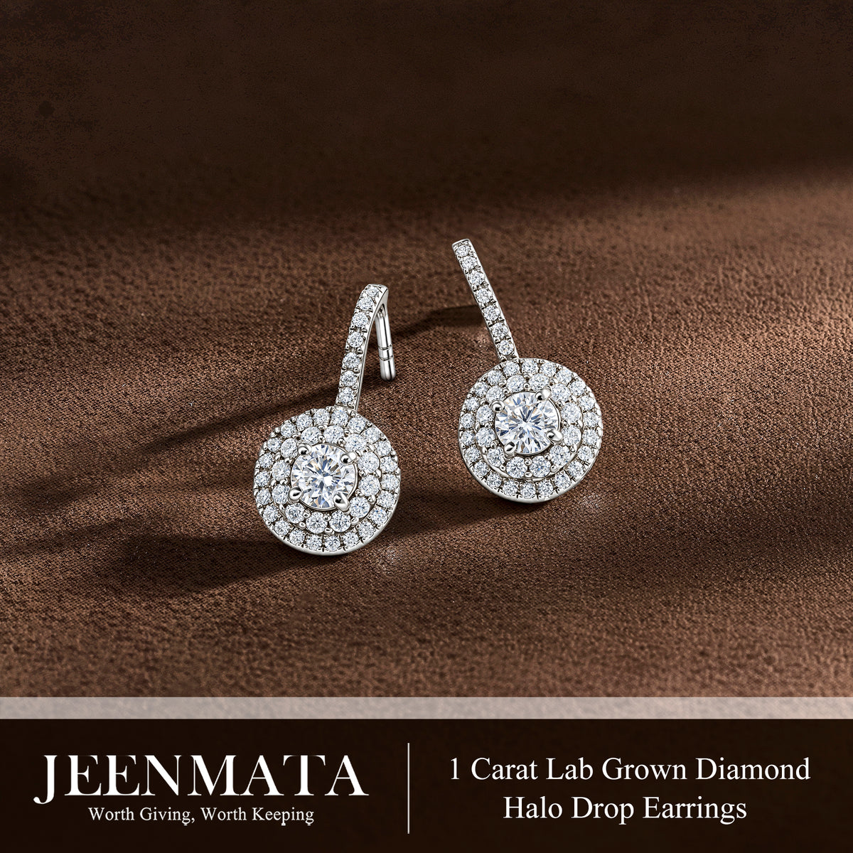 JeenMata 1 Carat Lab Grown Diamond Halo Drop Earrings - Round Cut Vintage Inspired Earrings in White Gold Plating