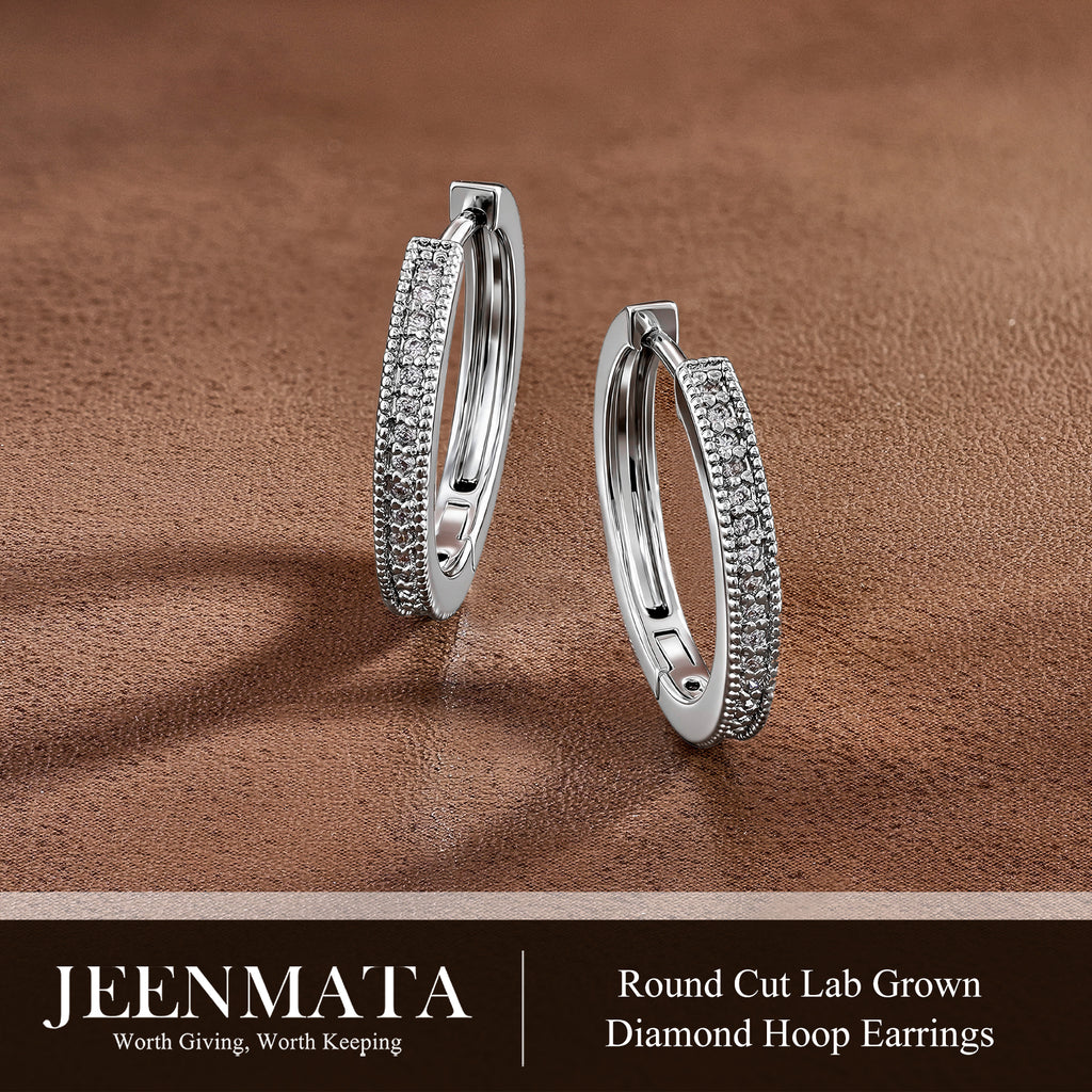 JeenMata Lab Grown Diamond Hoop Earrings - Round Cut Classic Earrings in White Gold Plating for Women