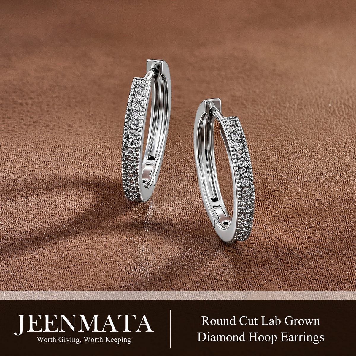 JeenMata Lab Grown Diamond Hoop Earrings - Round Cut Classic Earrings in White Gold Plating for Women