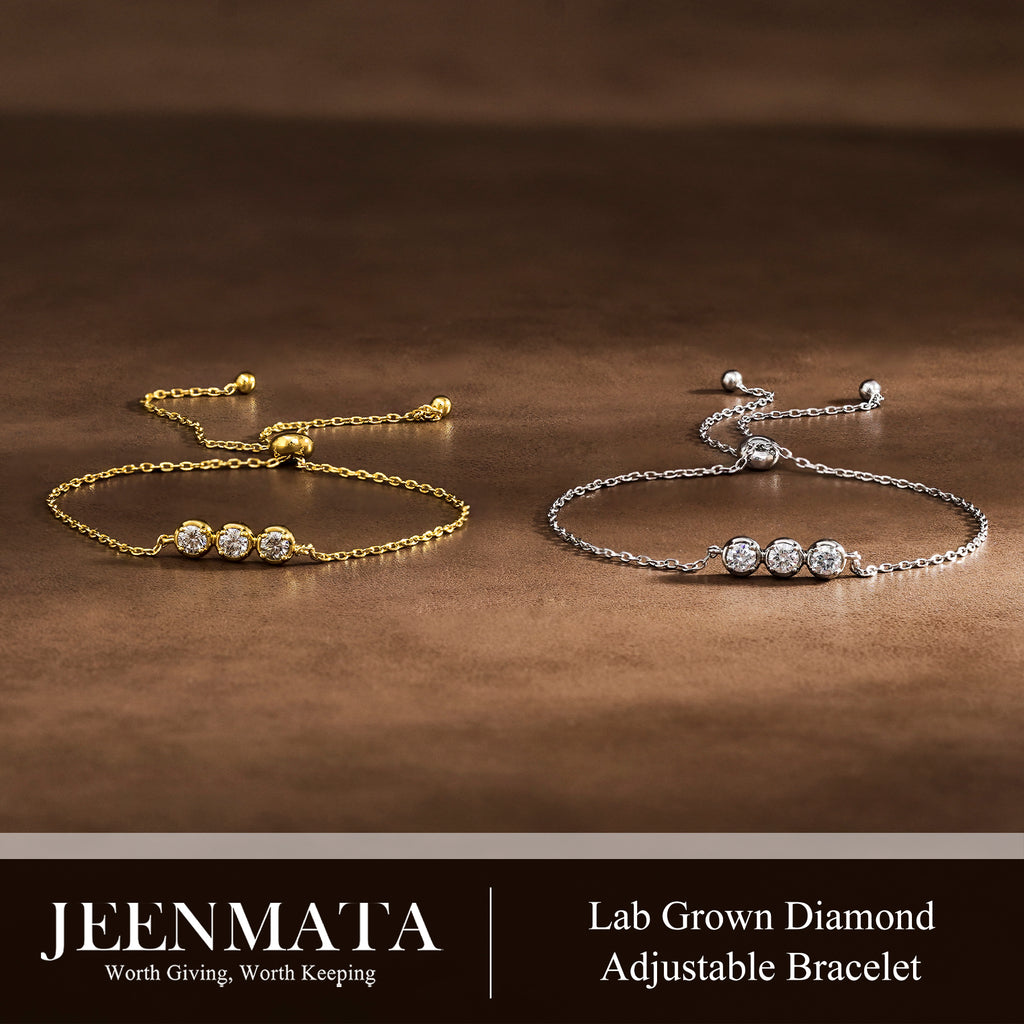 JeenMata Lab Grown Diamond Three Stones Bracelet - Adjustable Slider White Gold Plating Bracelet for Women