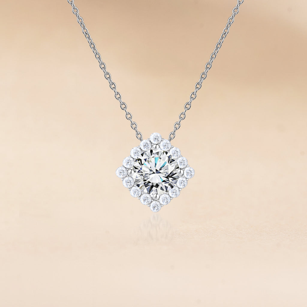 JeenMata 0.75 Carat Lab Grown Diamond Round Halo Necklace - Statement Halo Pendant Necklace in 18K White Gold Plating for Women
