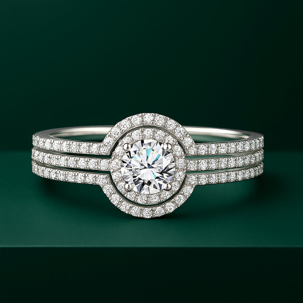 JeenMata 1 Carat Lab Grown Diamond Trio Wedding Ring Set - Round Cut Halo Statement Ring in 18K White Gold Plating for Women