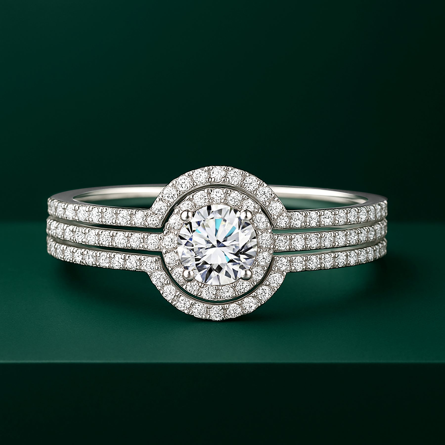 JeenMata 1 Carat Lab Grown Diamond Trio Wedding Ring Set - Round Cut Halo Statement Ring in 18K White Gold Plating for Women