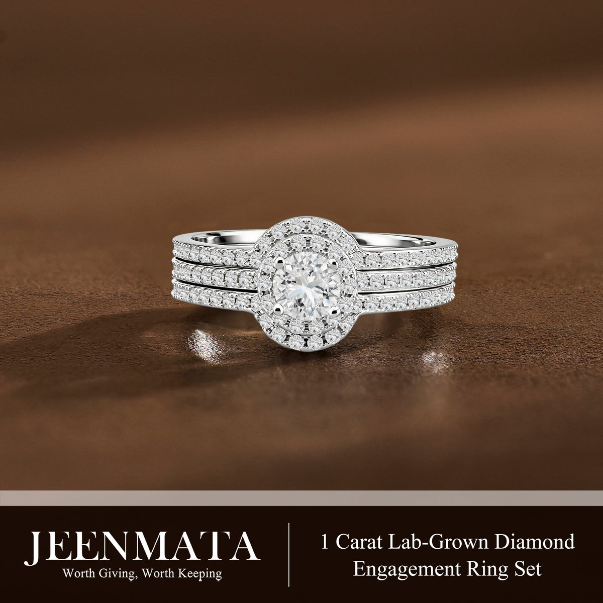 JeenMata 1 Carat Lab Grown Diamond Trio Wedding Ring Set - Round Cut Halo Statement Ring in 18K White Gold Plating for Women