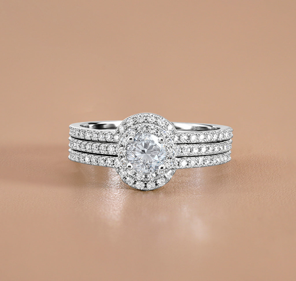 JeenMata 1 Carat Lab Grown Diamond Trio Wedding Ring Set - Round Cut Halo Statement Ring in 18K White Gold Plating for Women