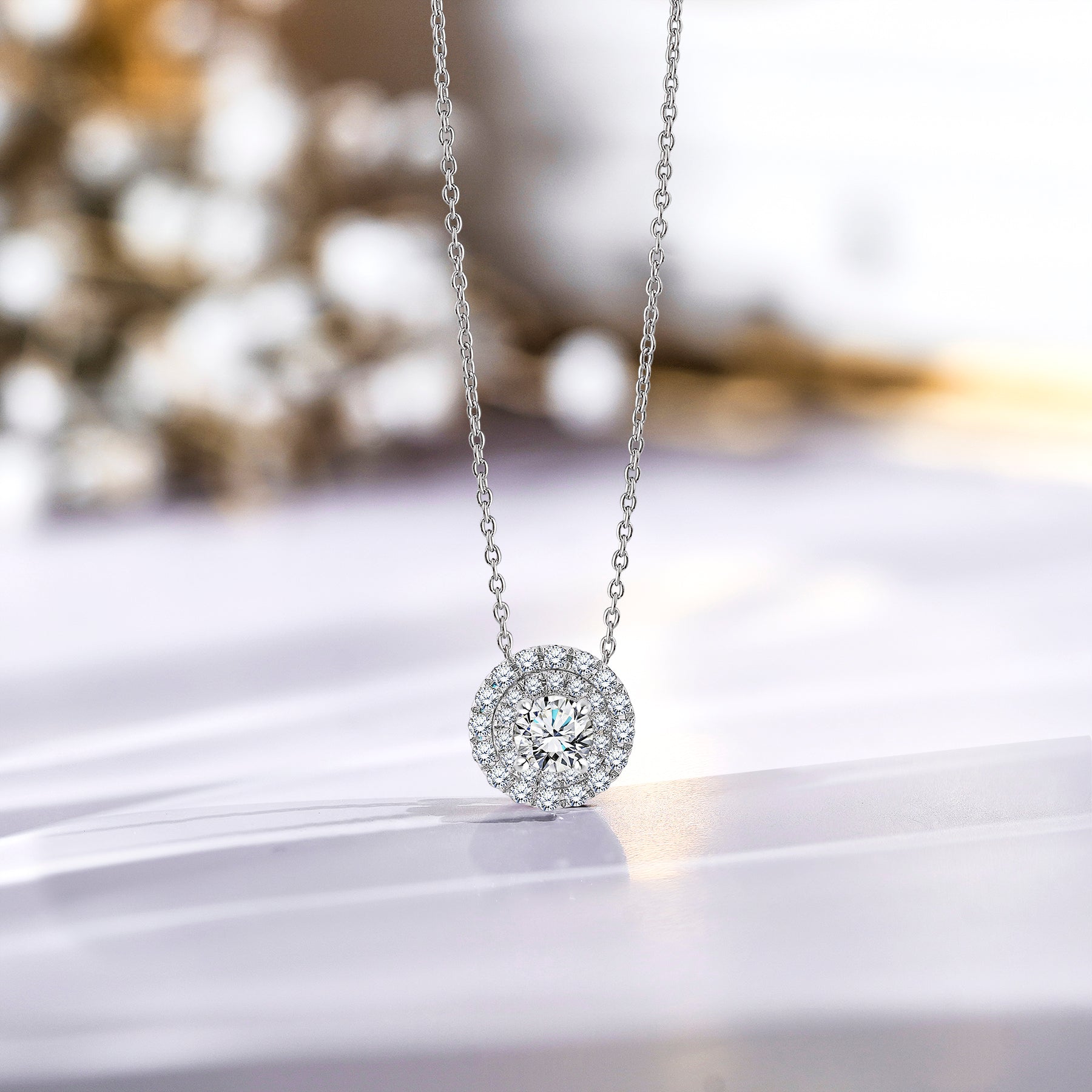 Certified 1 Carat Round Cut Lab Grown Diamond Double Halo Pendant Necklace