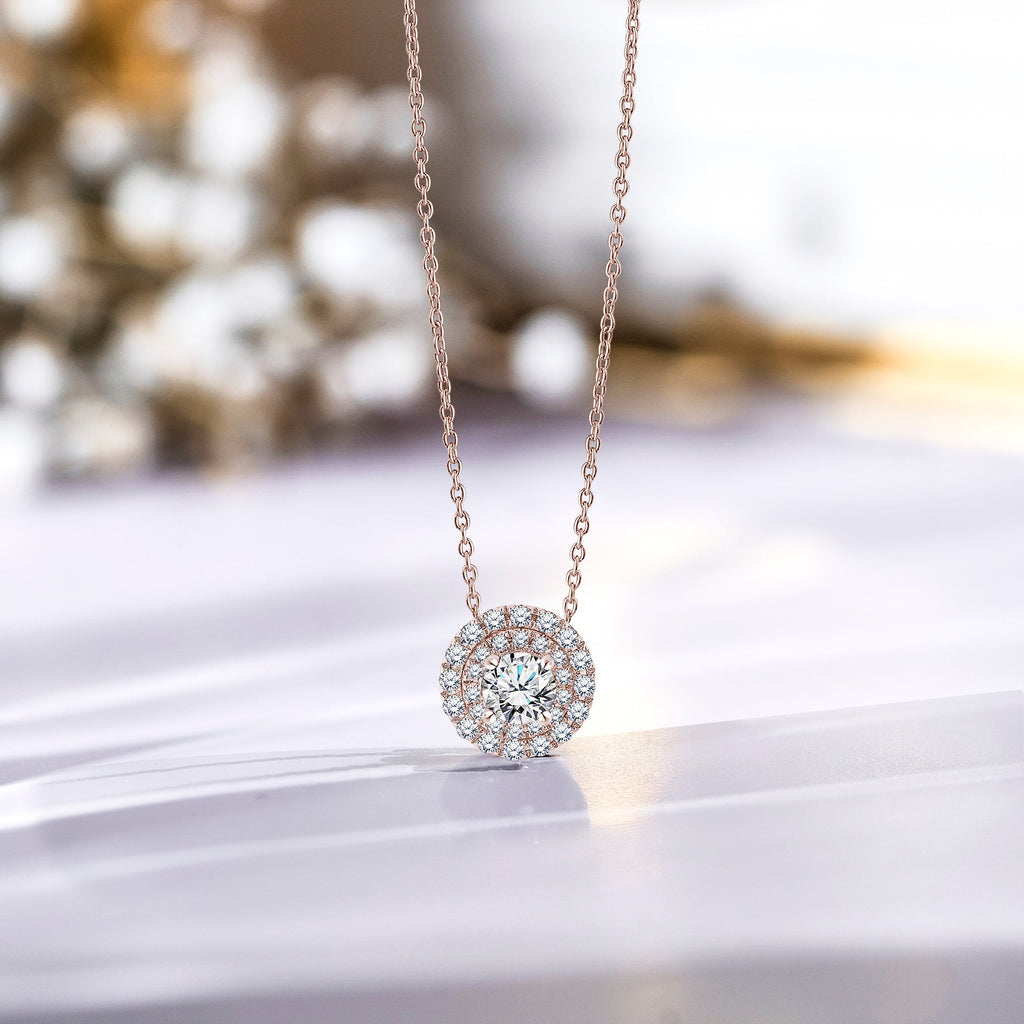 Certified 1 Carat Round Cut Lab Grown Diamond Double Halo Pendant Necklace
