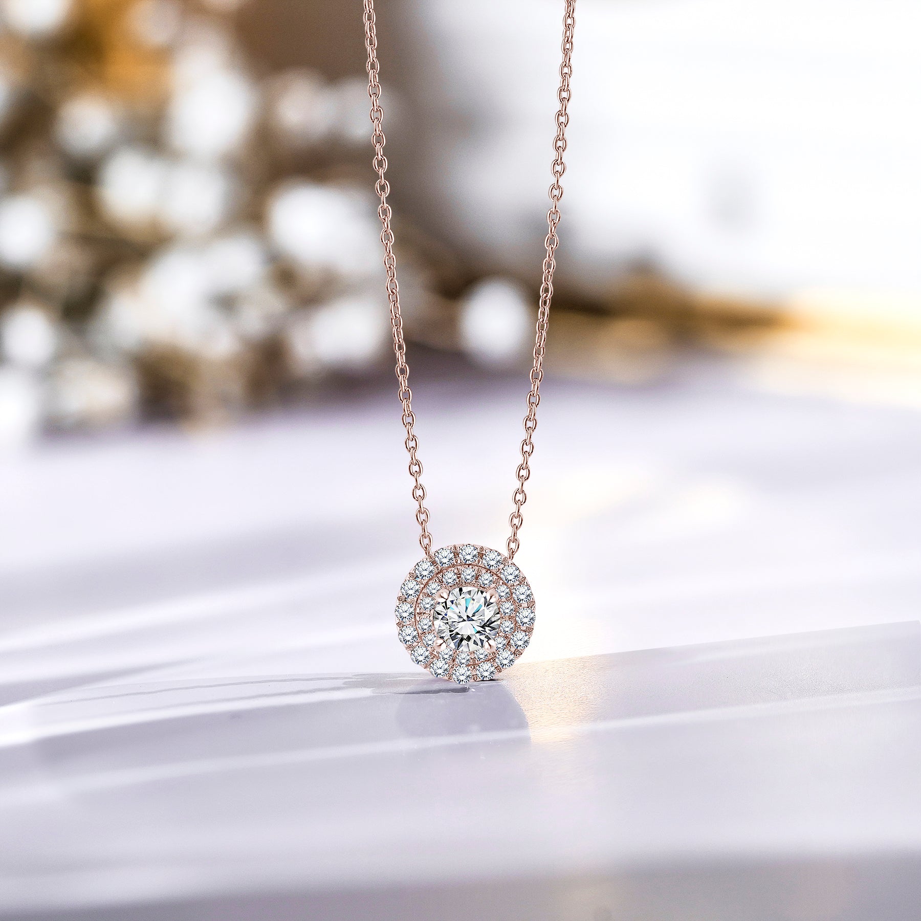 Certified 1 Carat Round Cut Lab Grown Diamond Double Halo Pendant Necklace