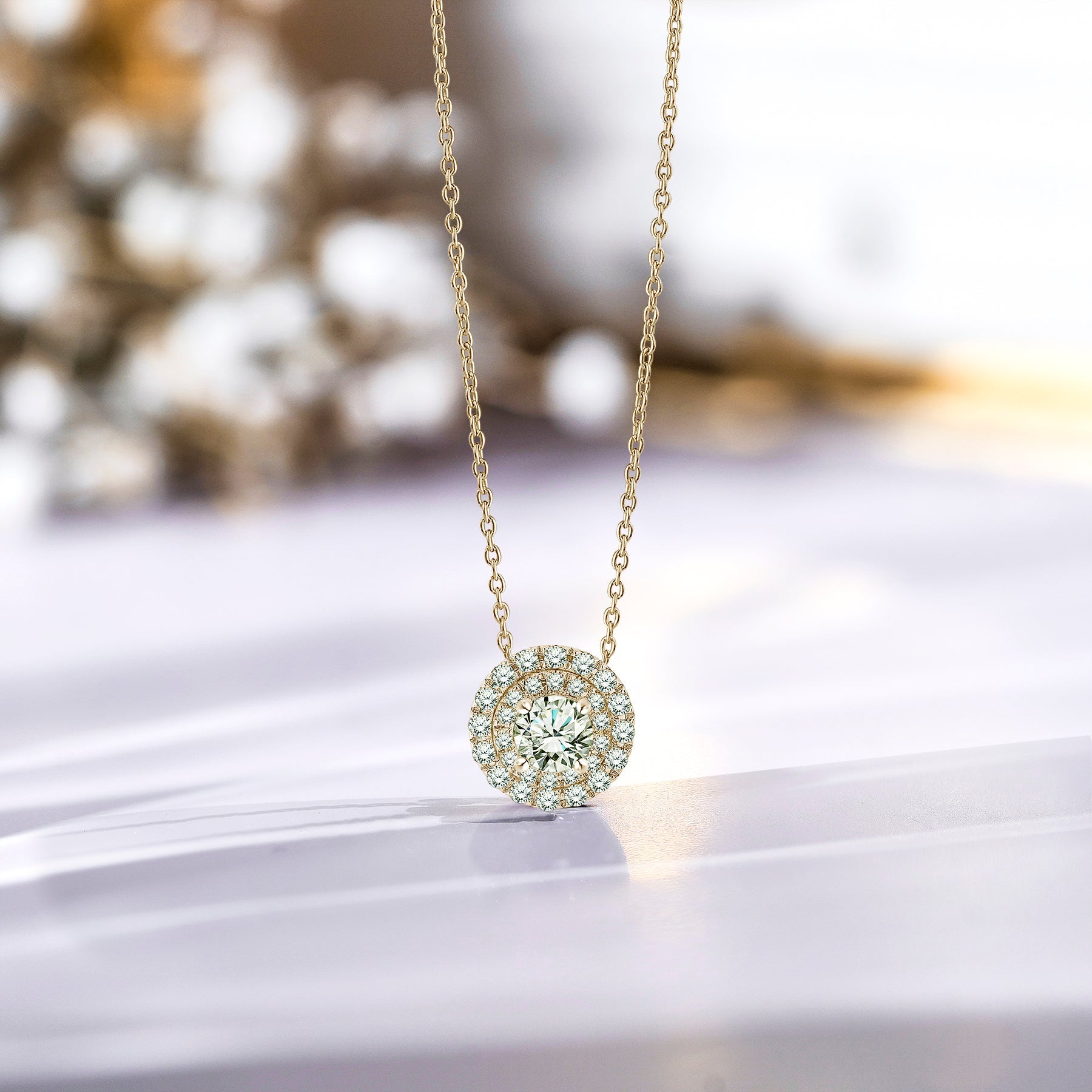 Certified 1 Carat Round Cut Lab Grown Diamond Double Halo Pendant Necklace