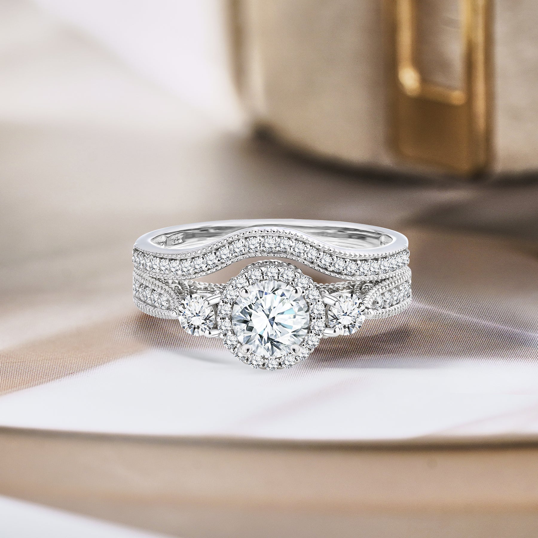 2 Carat Moissanite Wedding Ring Set - Round Cut Vintage Design Halo Bridal Set in 18K White Gold Over Silver