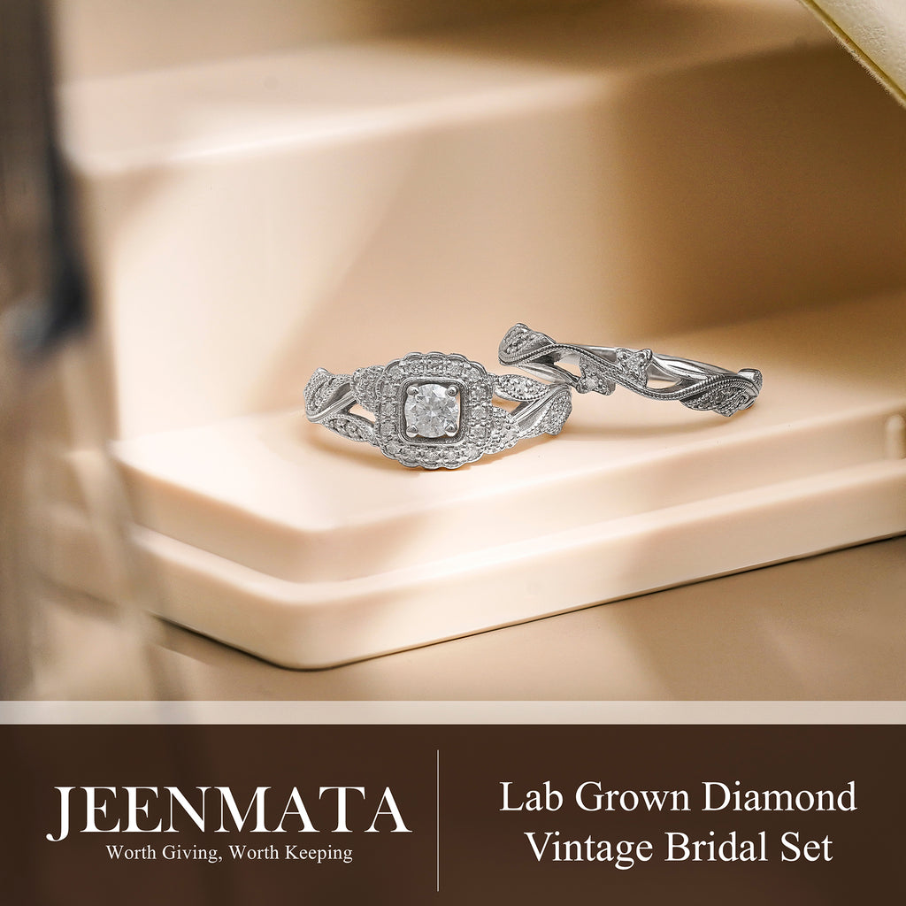 JeenMata Round Cut Lab Grown Diamond - Art Deco Style - Wedding Ring Set in 18K White Gold Plating for Women