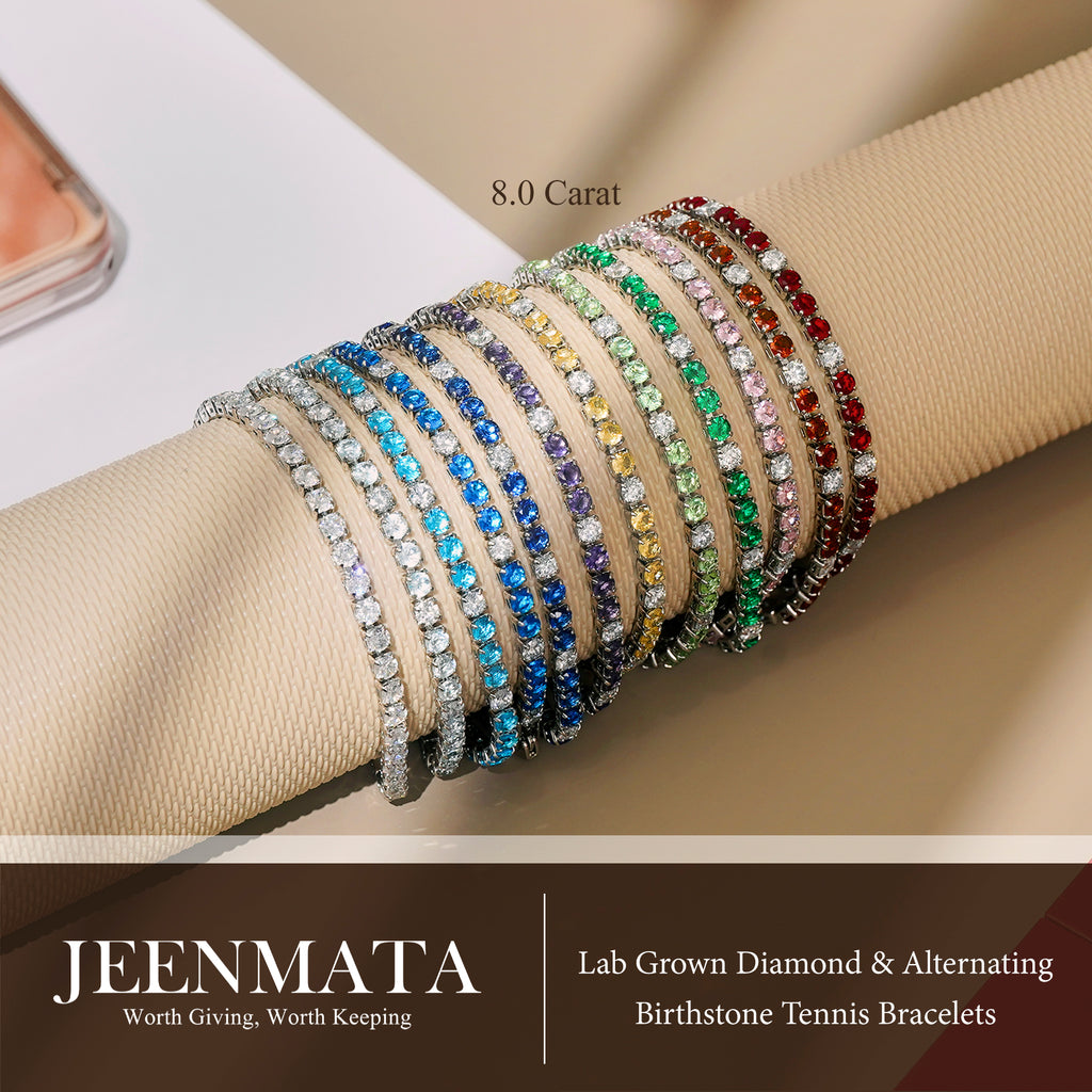 JeenMata 8 Carat Lab Grown Diamond & Garnet Alternating Birthstone Tennis Bracelets - 18K White Gold Plating for Women Eternity Design Bracelet