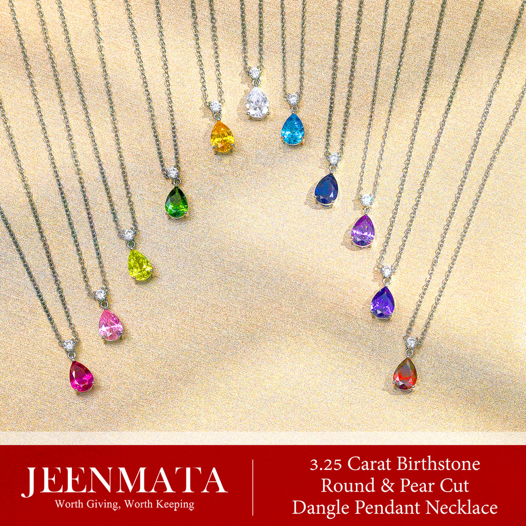 JeenMata 3.25 Carat Peridot August Birthstone - Round and Pear Cut Dangle Pendant Necklace in 18k White Gold Plated for Women