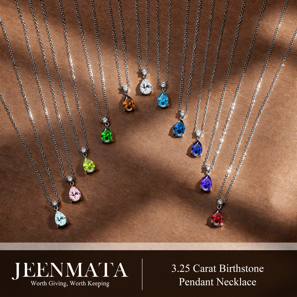 JeenMata 3.25 Carat Cubic Zirconia April Birthstone - Round and Pear Cut Dangle Pendant Necklace in 18k White Gold Plated for Women