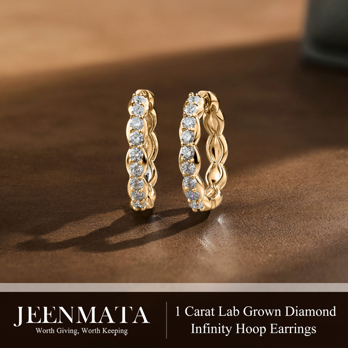JeenMata Lab Grown Diamond 1.25 Carat Infinity-Inspired Hoop Earrings in 18K Yellow Gold Plating for Women