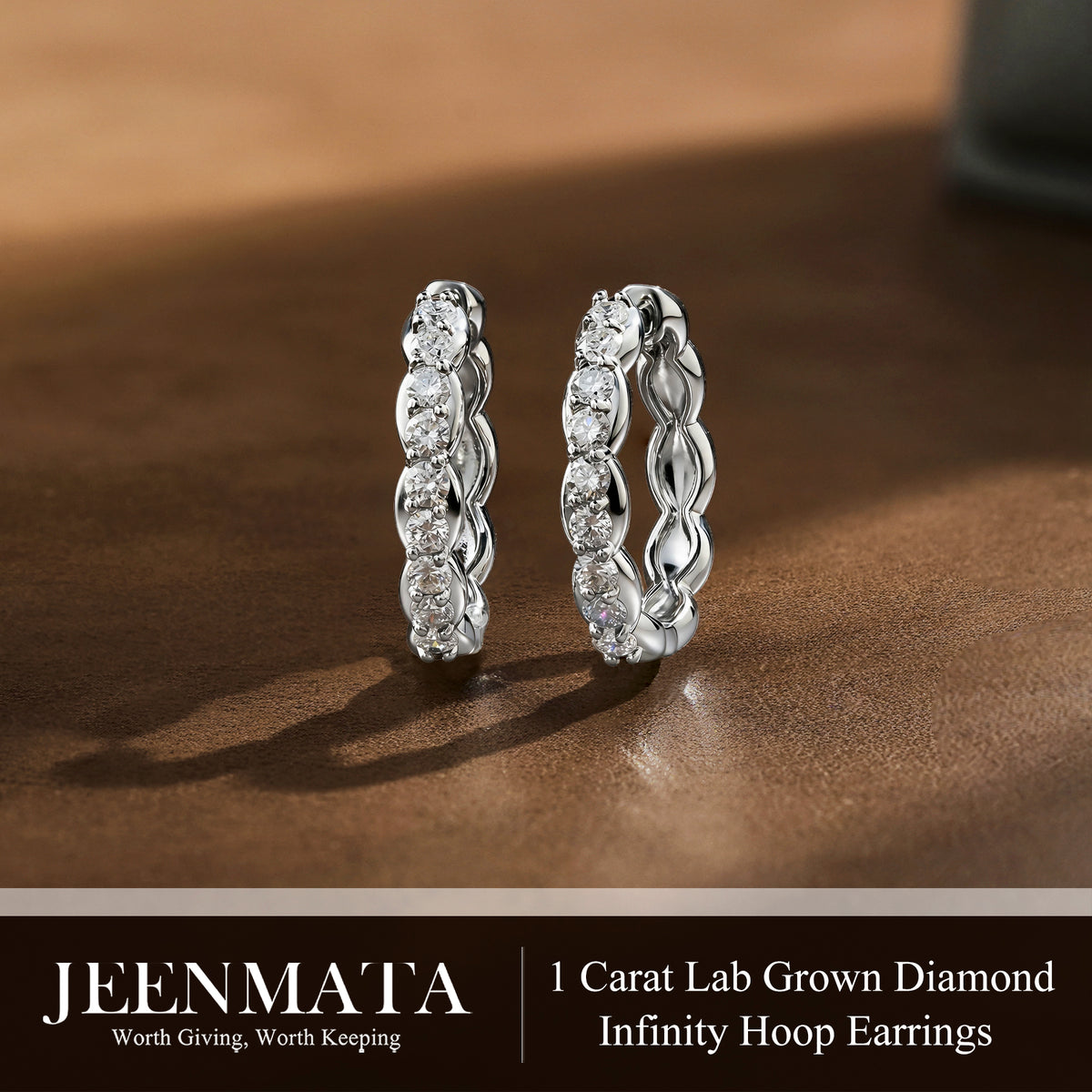JeenMata Lab Grown Diamond 1.25 Carat Infinity-Inspired Hoop Earrings in 18K White Gold Plating for Women